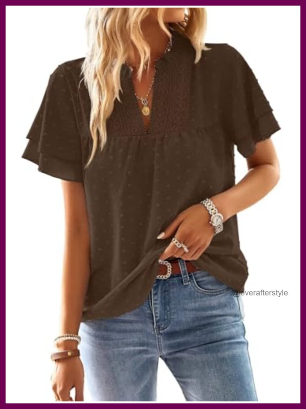 Womens V Neck Crochet Lace Short Sleeve Blouse Flowy Boho Top